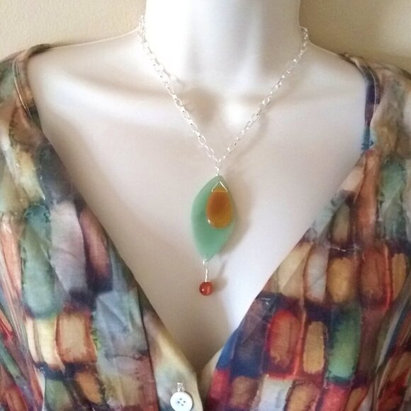 Handmade Statement Necklace - Orange Agate & Green Aventurine - Boho Tropical - Picture 1 of 10